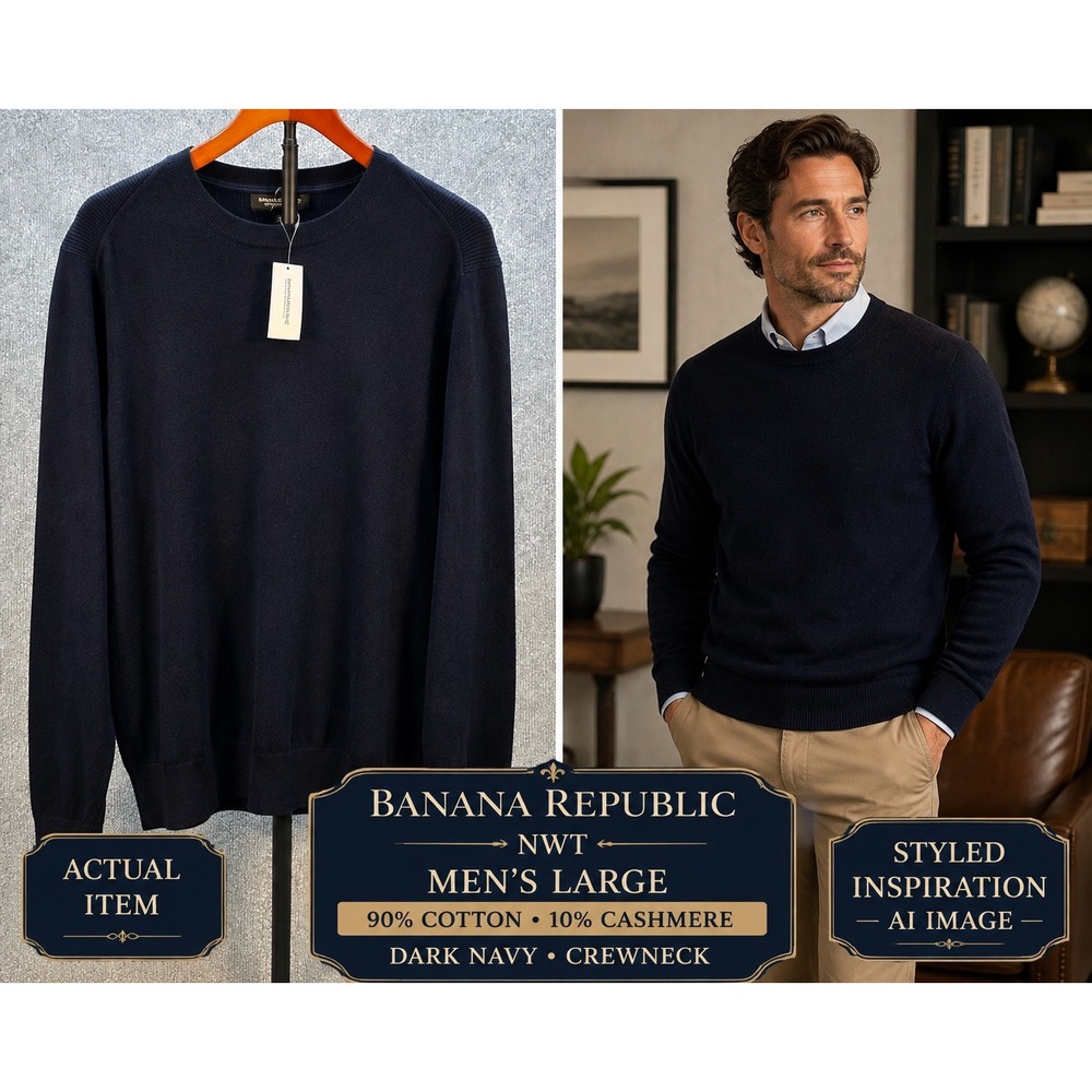 Banana Republic Sweater Mens Cotton Cashmere Crew Navy Large NWT Quiet Luxury